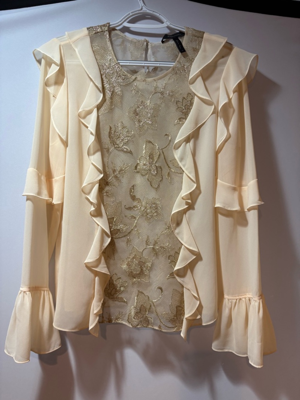 BCBGMaxAzria Cream Ruffle Blouse with Gold Lace Front
